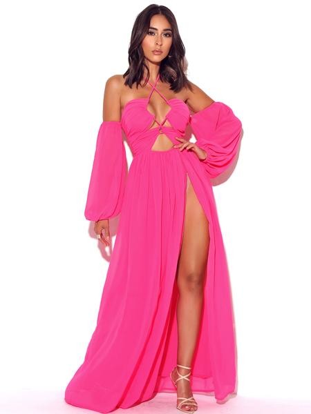 Once An Angel Hot Pink Slit Chiffon Maxi Dress
