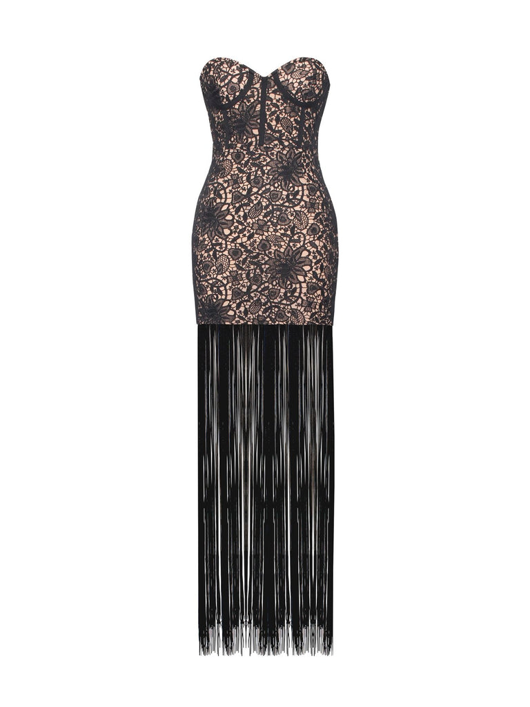 Become The One Black Lace Fringed Strapless Dress