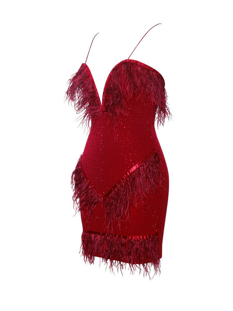 One In A Million Crystal And Feathers Red Stretch Crepe Dress