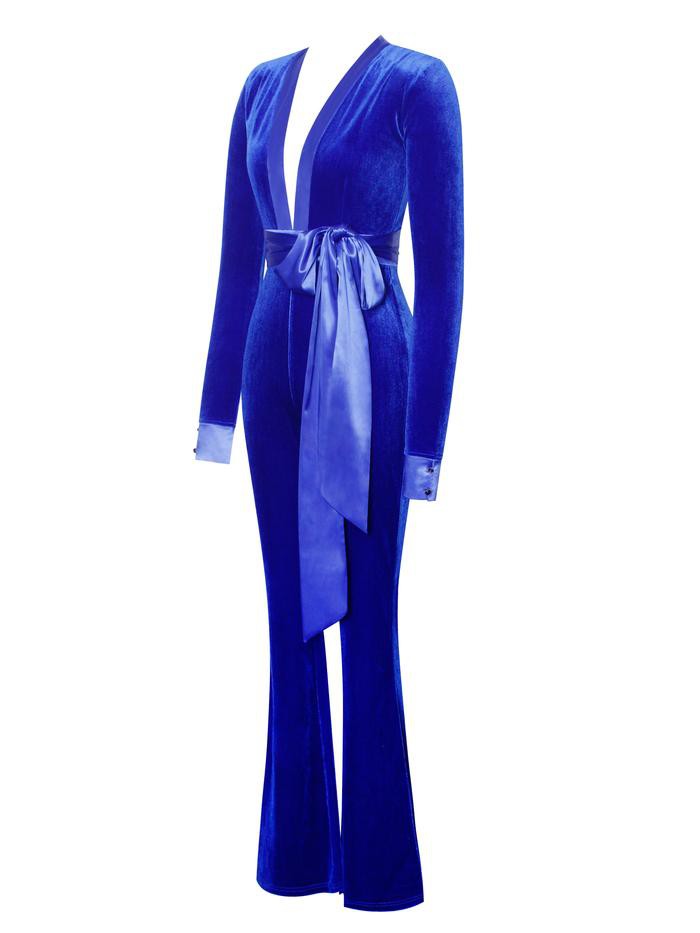 Glorious Royal Blue Long Sleeve Velvet Jumpsuit