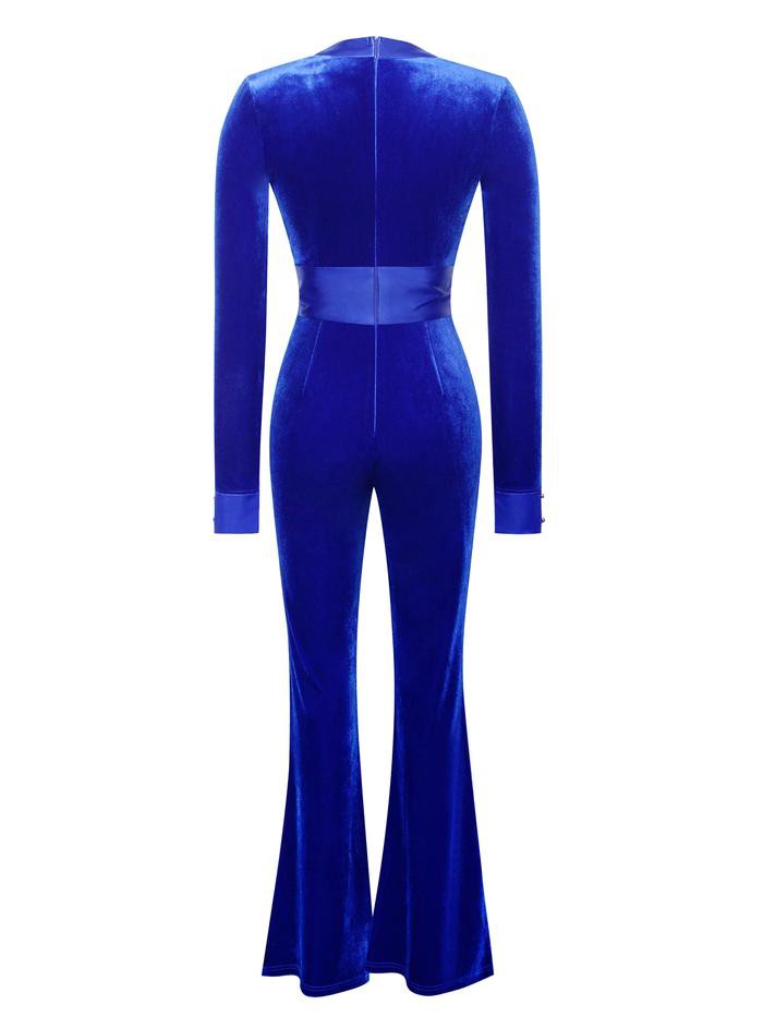 Glorious Royal Blue Long Sleeve Velvet Jumpsuit