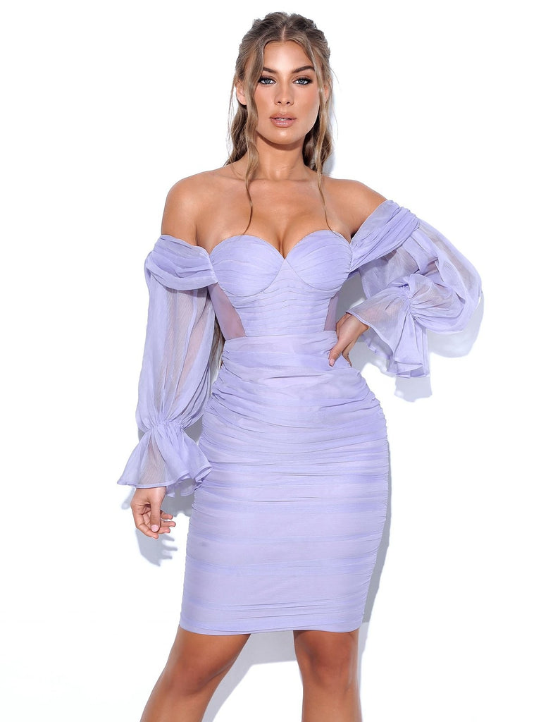 Sirene Lavender Silk Pleated Off Shoulder Dress