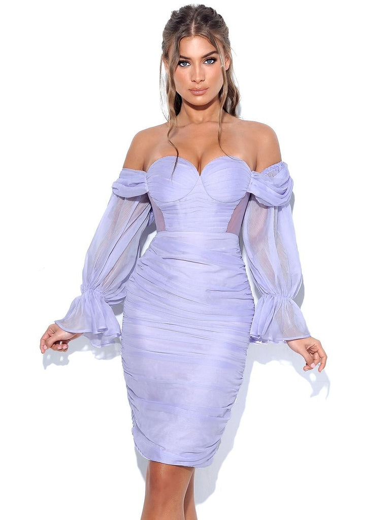 Sirene Lavender Silk Pleated Off Shoulder Dress