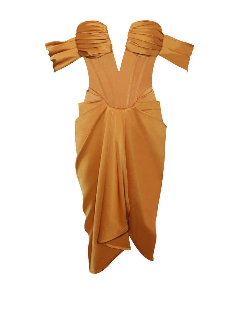 Dreya Gold Off Shoulder Satin Corset Dress