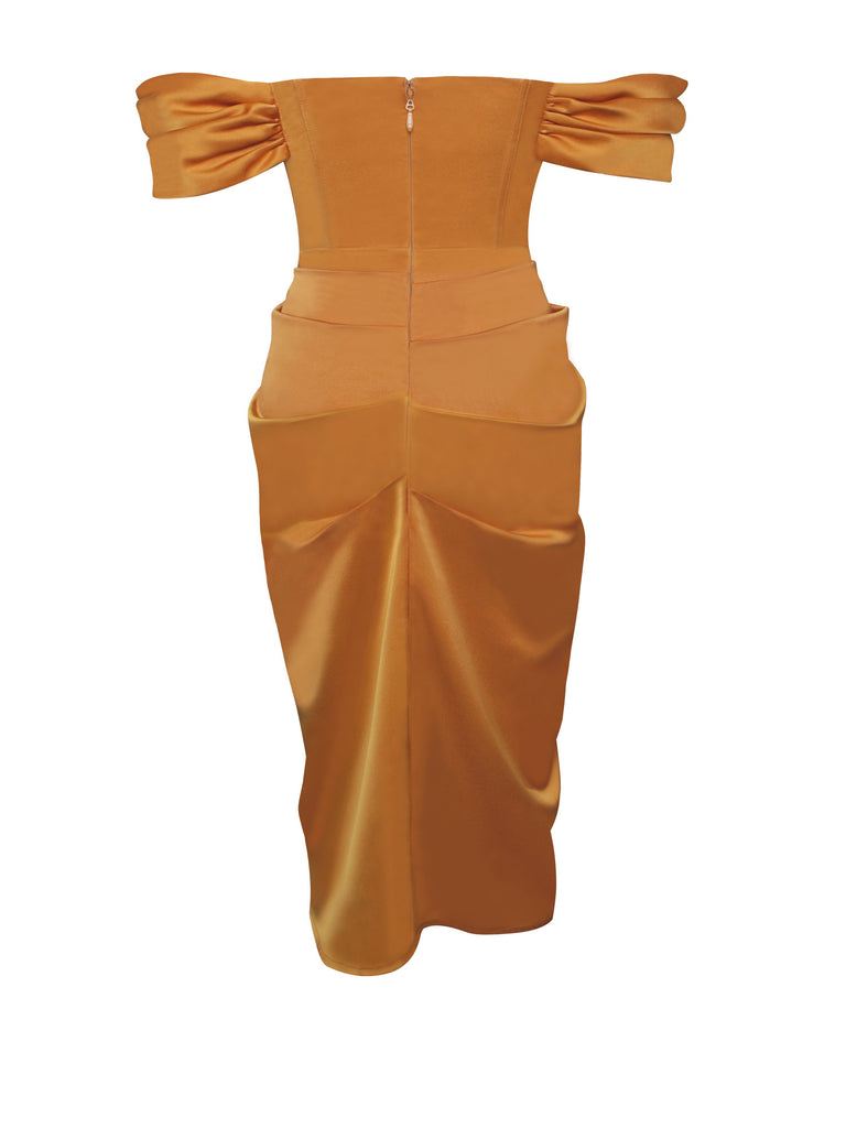 Dreya Gold Off Shoulder Satin Corset Dress
