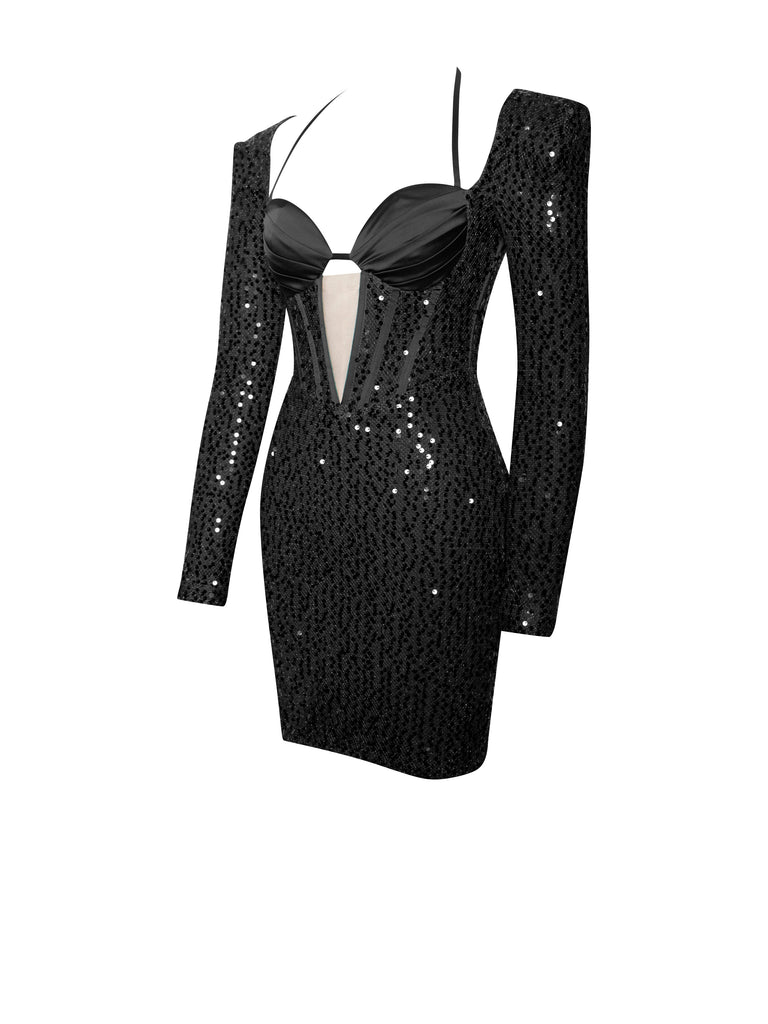 Melina Black Long Sleeve Sequin Dress