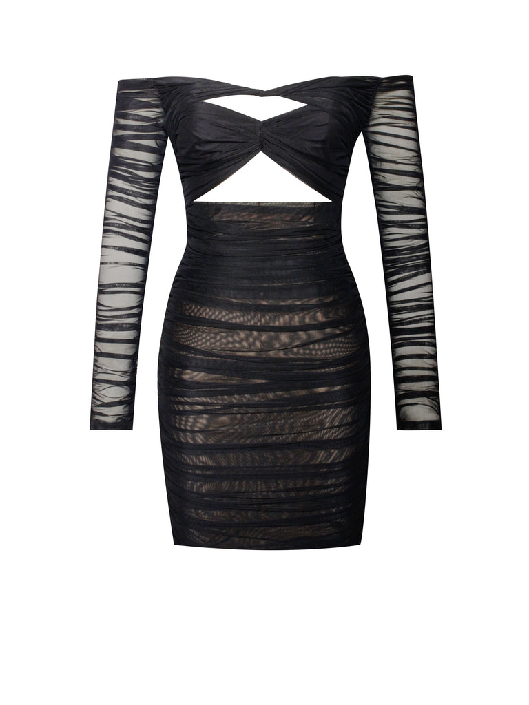 Tierra Black Mesh Off Shoulder Cutout Dress