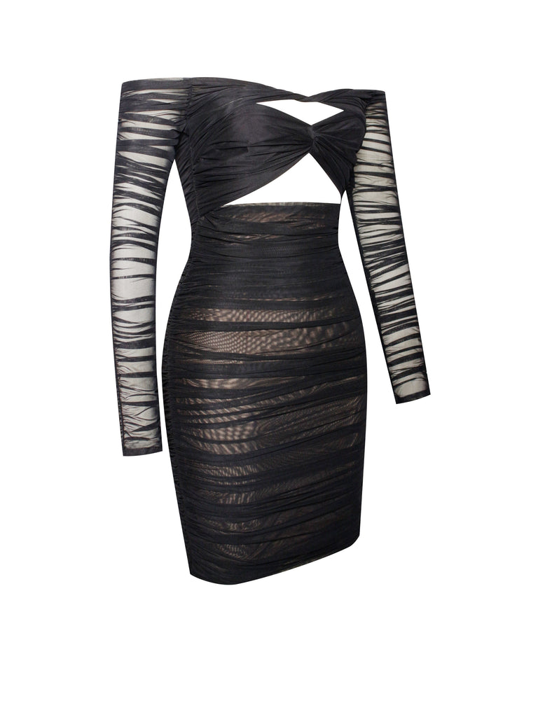 Tierra Black Mesh Off Shoulder Cutout Dress