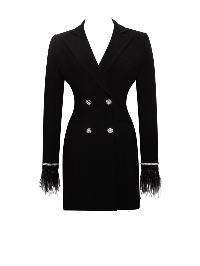 Quilla Black Feather Crystal Sleeve Backless Blazer Dress