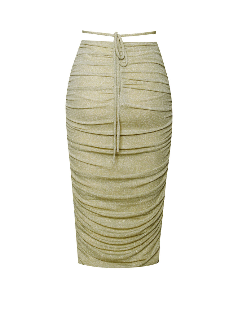 Xoie Pale Yellow Ruched Metallic Jersey Skirt