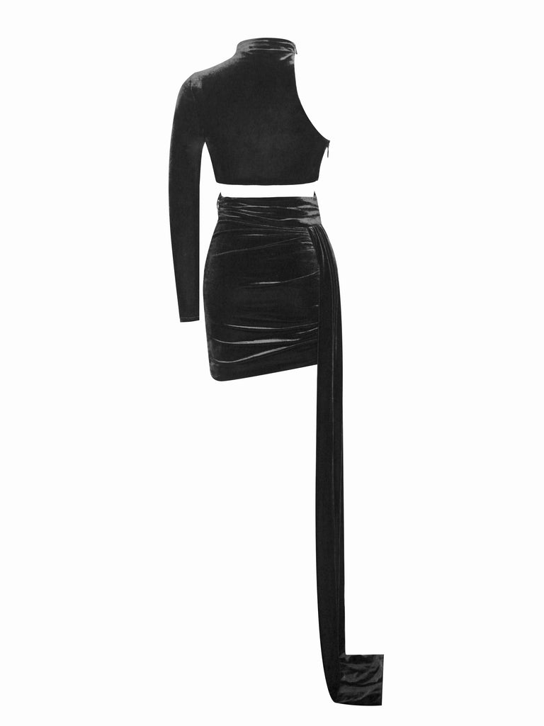Nadia Black Velvet One Sleeve Draping Cutout Dress