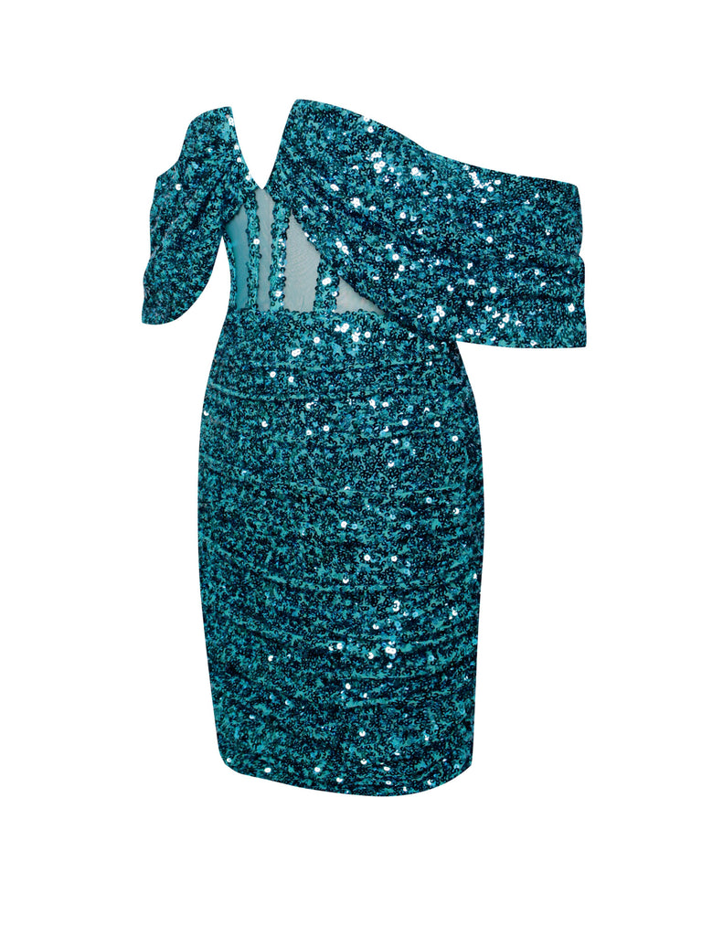 Weston Teal Blue Sequin Off Shoulder Corset Dress