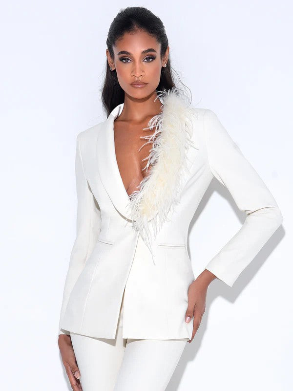 Yulia White Suit Blazer with Feather Trim