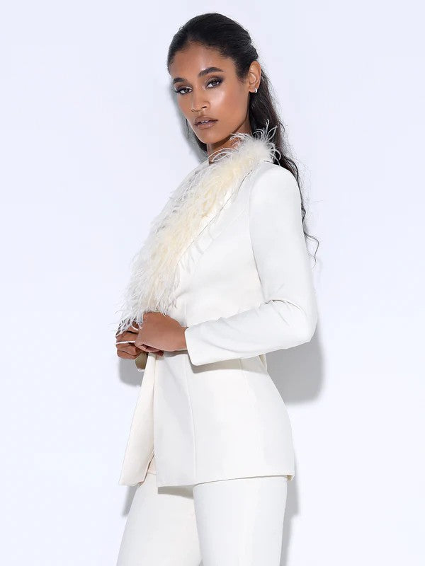 Yulia White Suit Blazer with Feather Trim