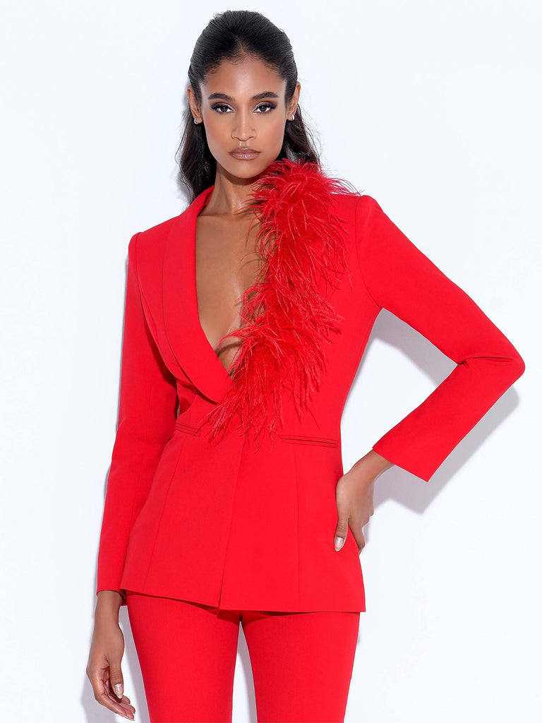 Yulia Red Suit Blazer With Feather Trim