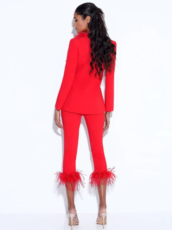 Yanely Red Pants With Feather Trim