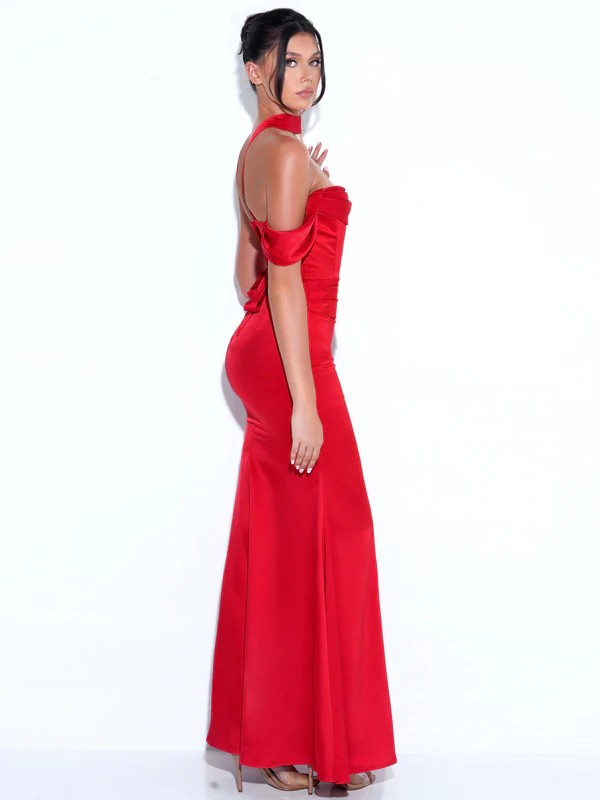 Ivona Red Halter Neck Double Duchess Satin Gown