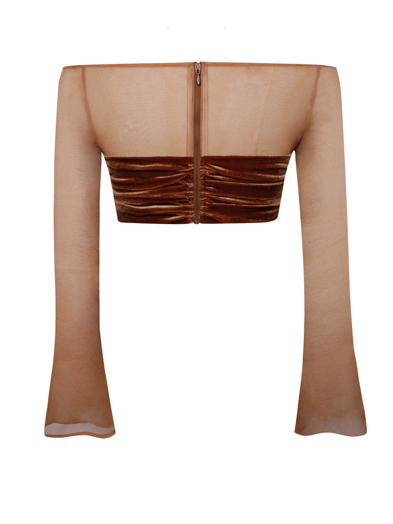 Brucie Coffee Velvet Mesh Sleeve Crop Top & Betta Coffee Velvet Flare Skirt