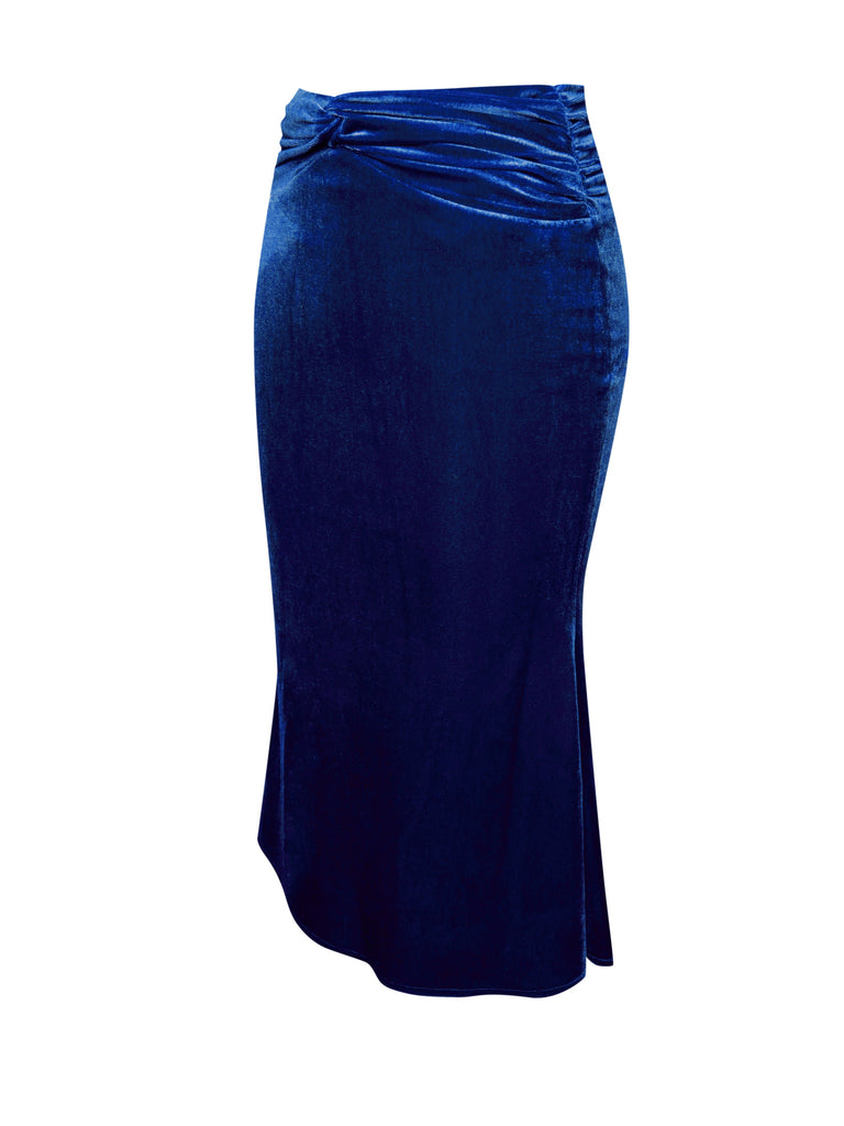 Brucie Royal Blue Velvet Mesh Sleeve Crop Top & Betta Royal Blue Velvet Flare Skirt