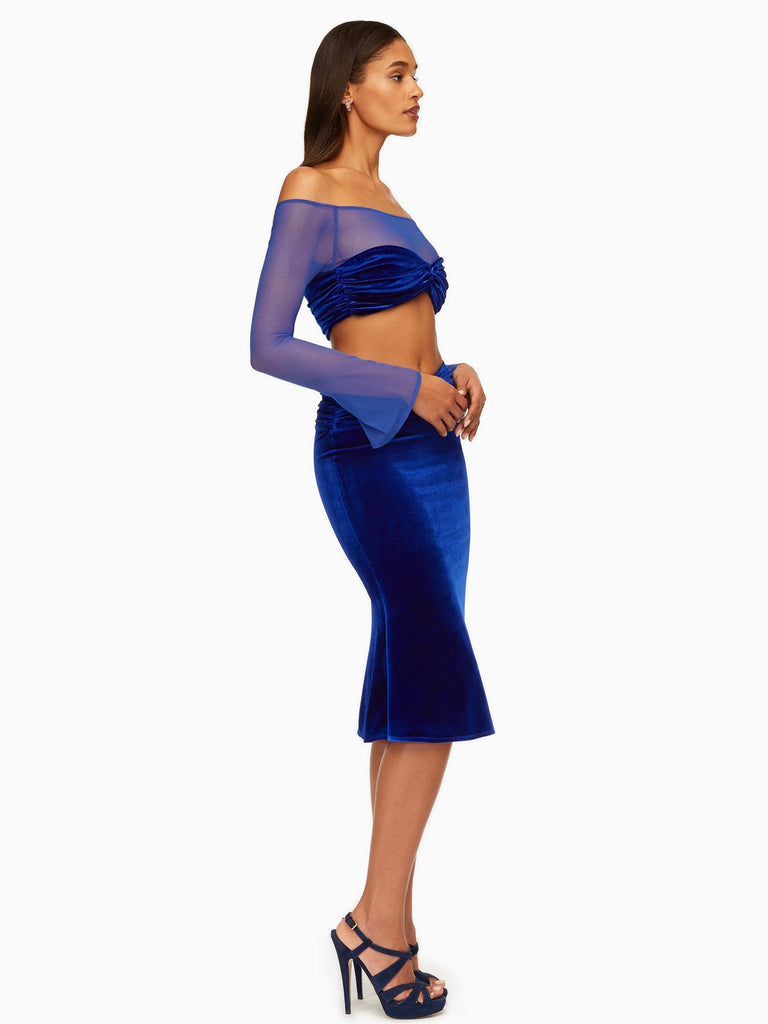 Brucie Royal Blue Velvet Mesh Sleeve Crop Top & Betta Royal Blue Velvet Flare Skirt