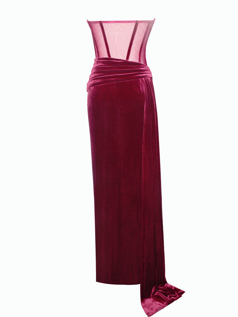 Octavia Burgundy Draping Crystal Corset High Slit Velvet Gown