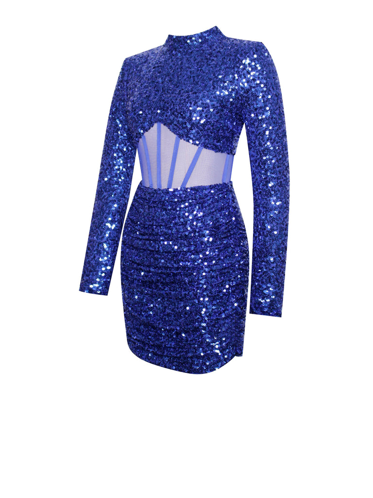 Keesha Royal Blue Sequin Long Sleeve Corset Dress