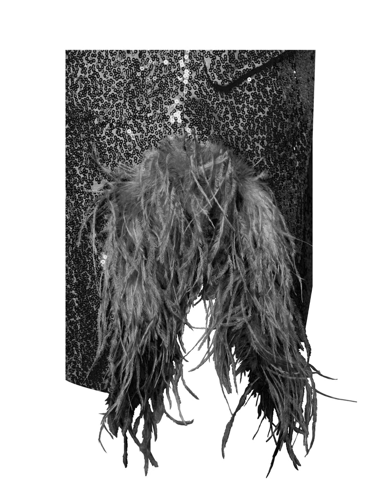 Quesia Black Sequin Feather Trim Blazer Dress