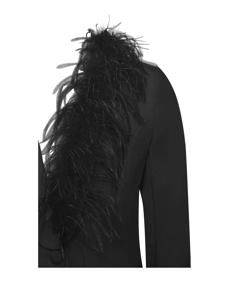 Yulia Black Suit Blazer With Feather Trim