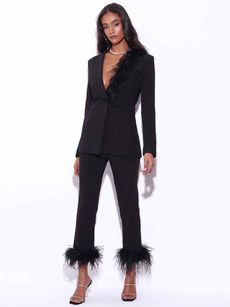 Yulia Black Suit Blazer With Feather Trim