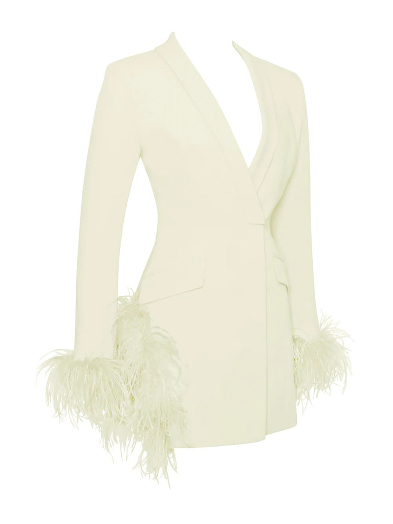 Madeline Pearl White Feather Trim Blazer Dress