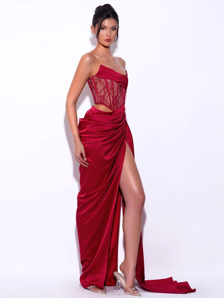 Callie Red Lace Satin Corset High Slit Gown