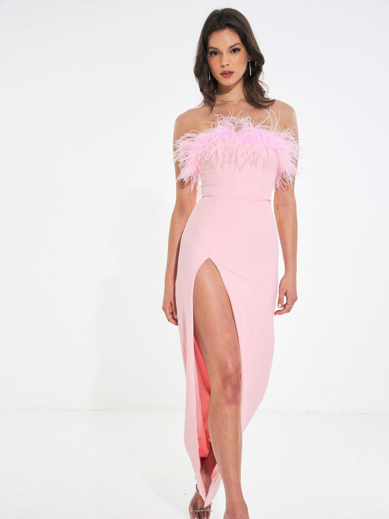 Rachel Pink Feather Maxi High Slit Dress