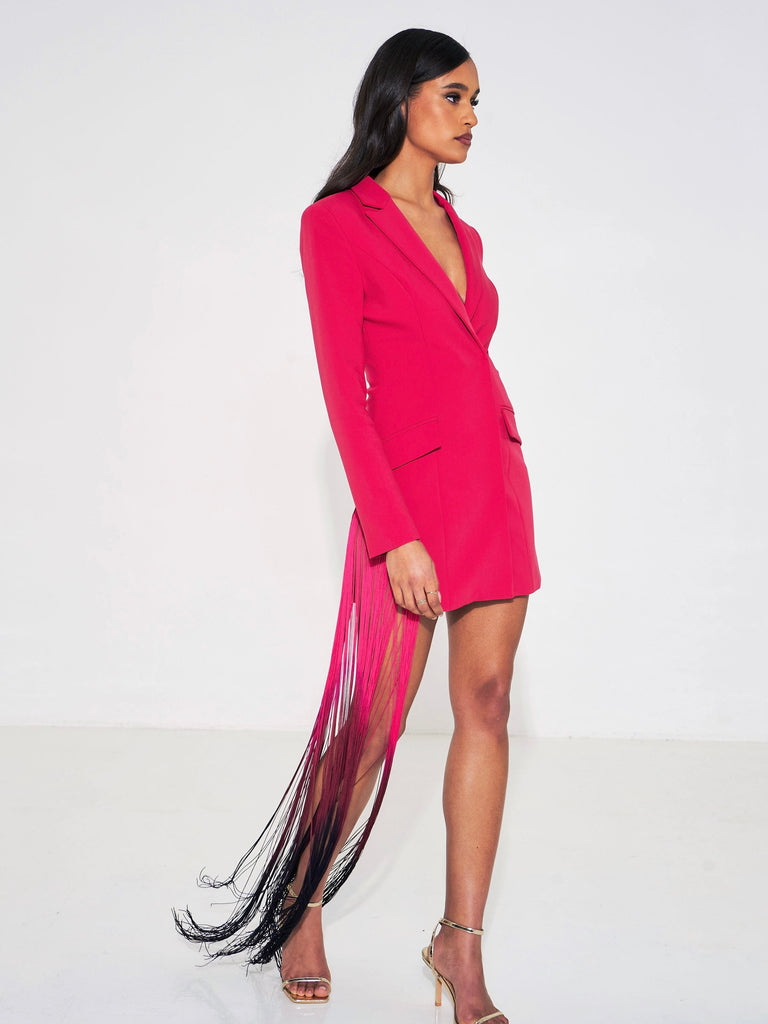 Yelena Ruby Pink Fringe Draping Blazer Dress