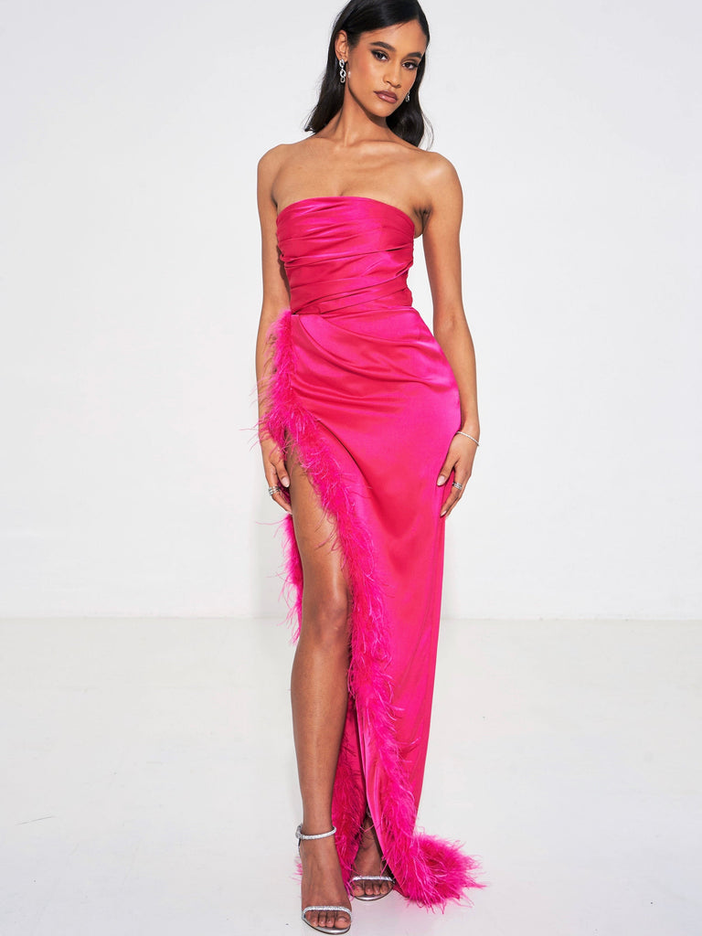 Perrin Fuchsia Pink Feather Dress High Slit Gown