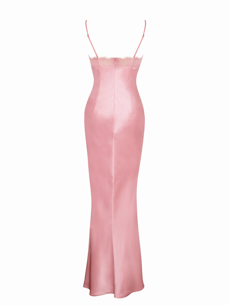 Zinnia Salmon Pink Satin Lace Maxi Dress