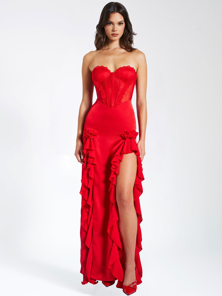 Talia Red Satin Lace Corset Maxi Dress