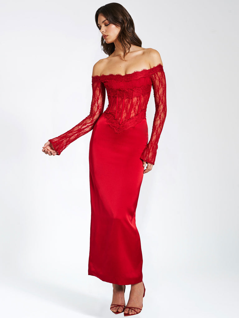 Nessa Red Lace Satin Corset Maxi Dress