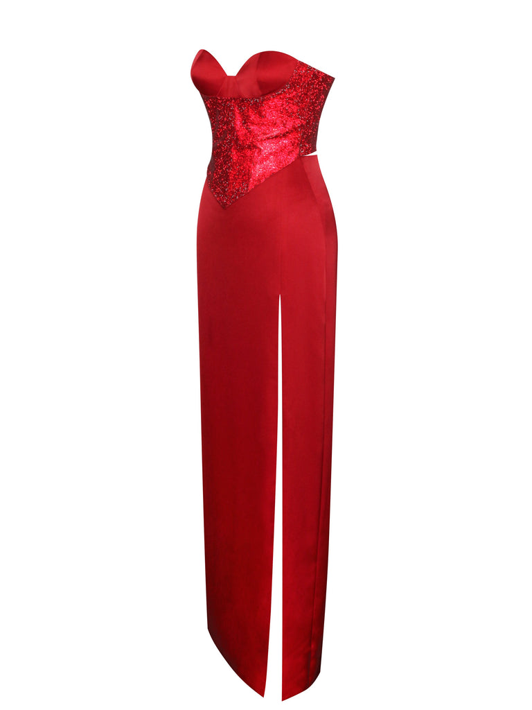 Kadesha Red Crystal High Slit Satin Corset Gown