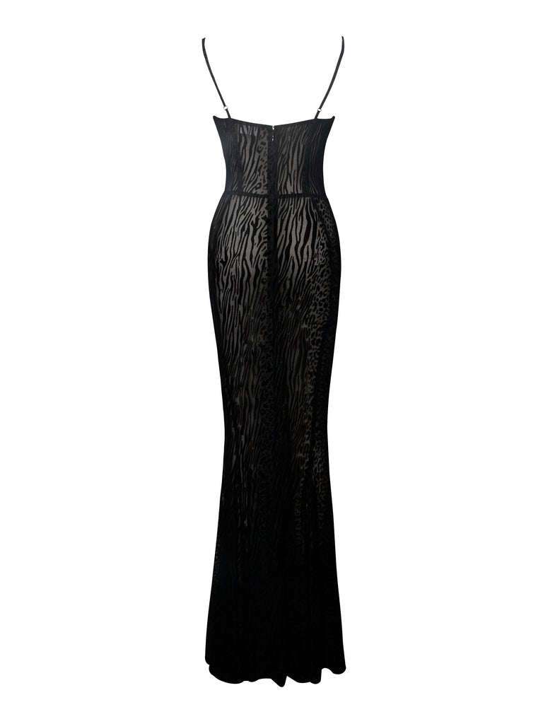 Ulani Black Burnout Velvet Detail Mesh Maxi Dress