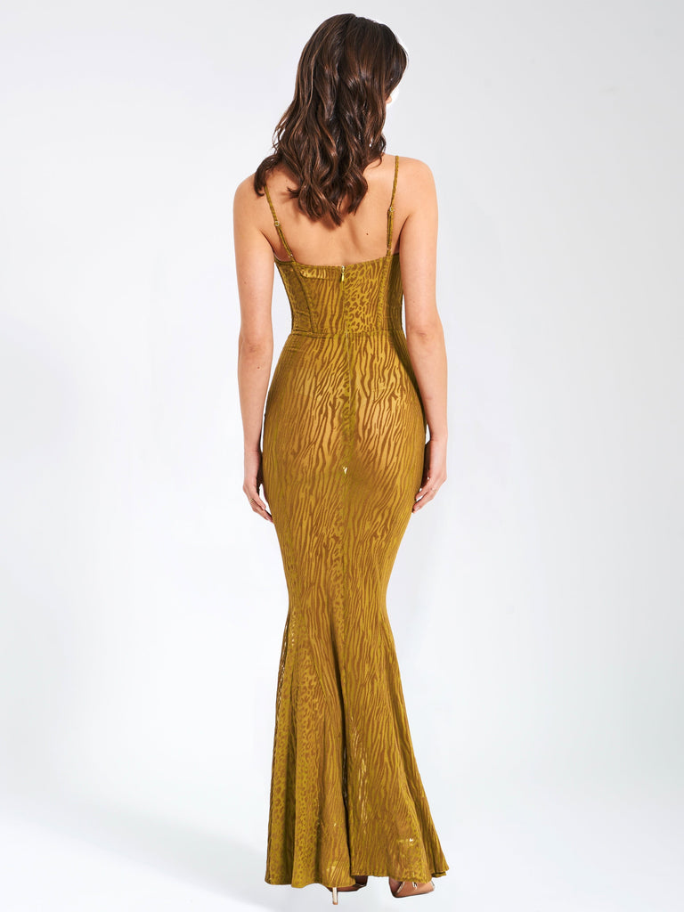 Ulani Gold Burnout Velvet Detail Mesh Maxi Dress