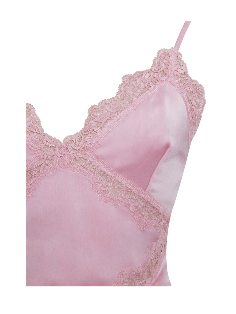 Xandria Pink Lace Satin Mermaid Flare Maxi Dress