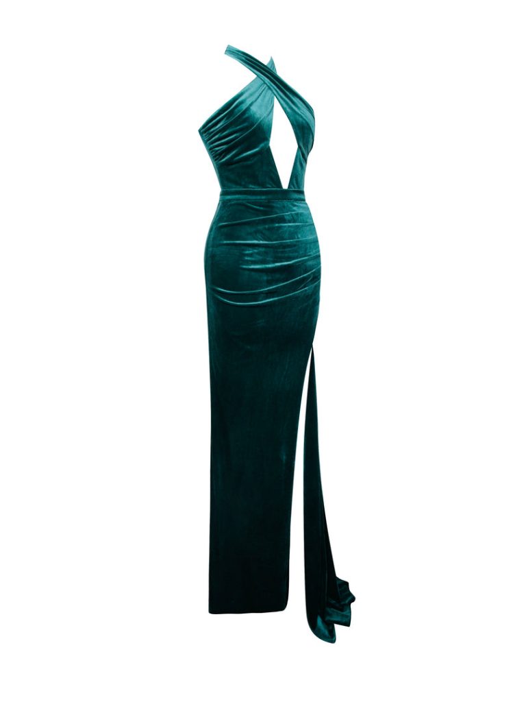 Rayna Teal Criss Cross High Slit Velvet Gown With Gloves Gowns