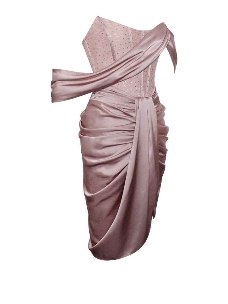 Darlene Latte Off Shoulder Corset Satin Dress With Crystals