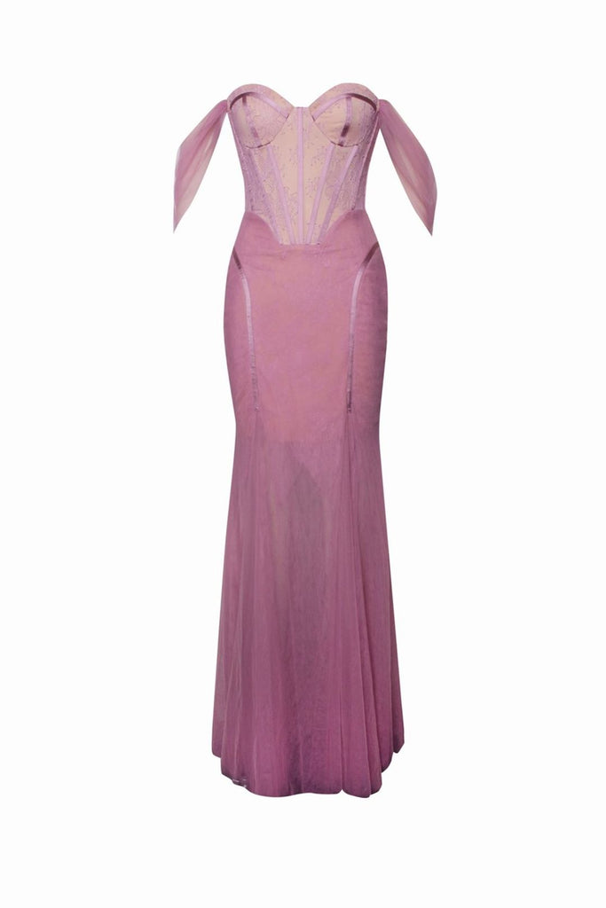 Yaira Blush Lace Mesh Off Shoulder Corset Maxi Dress