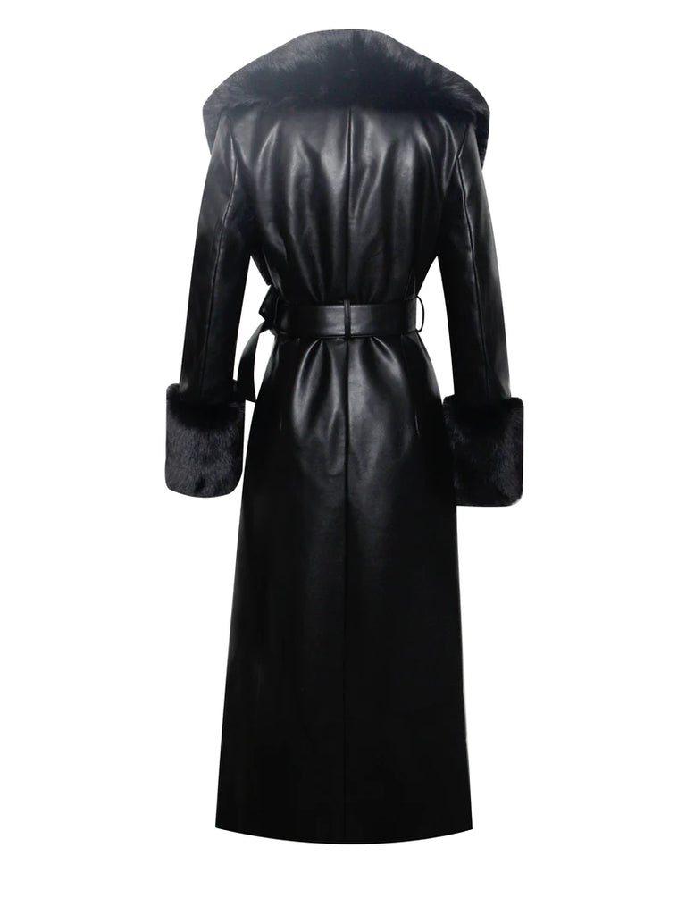 Zaida Black Faux Fur Trim Black Vegan Leather Coat
