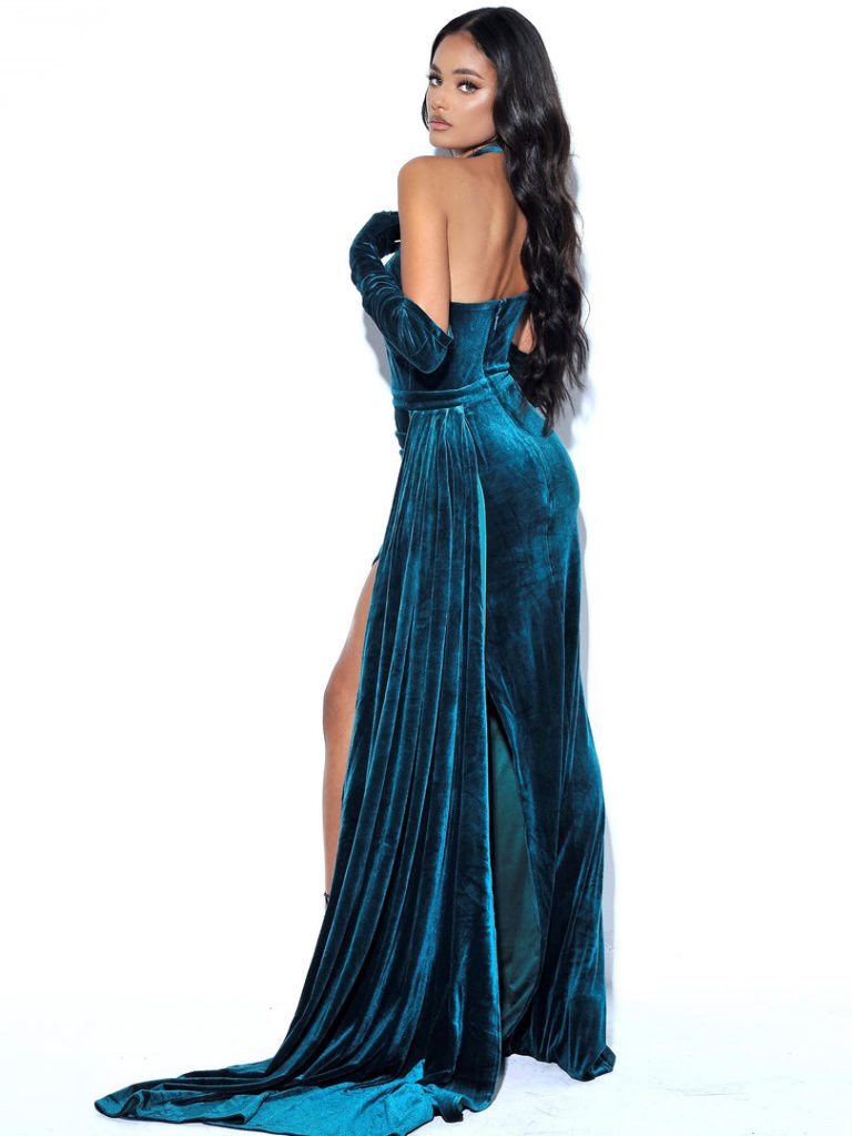 Rayna Teal Criss Cross High Slit Velvet Gown With Gloves Gowns