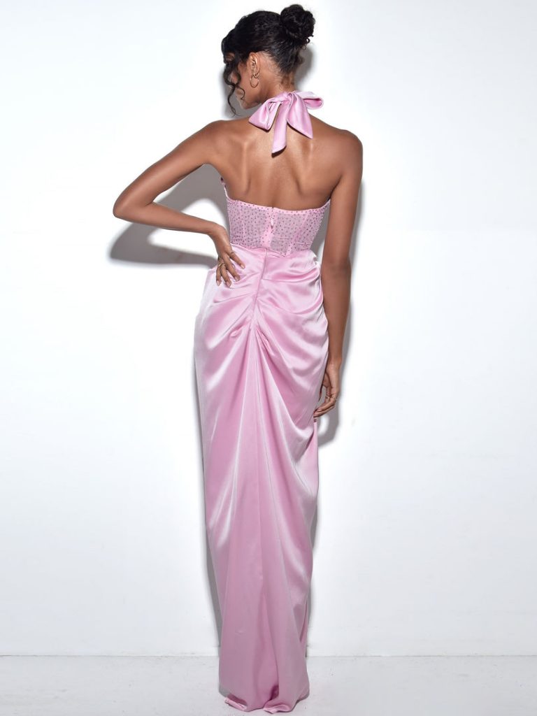 Noemie Pink Crystal Corset Satin Gown