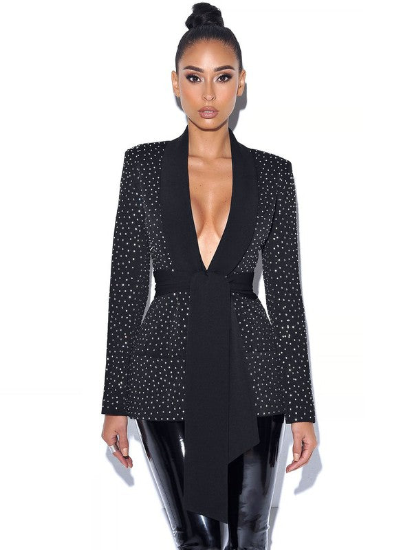 Visionary Crystal Embellished Black Blazer Jacket
