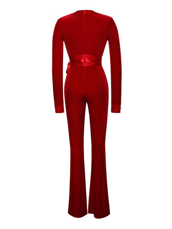 Glorious Red Long Sleeve Velvet Jumpsuit