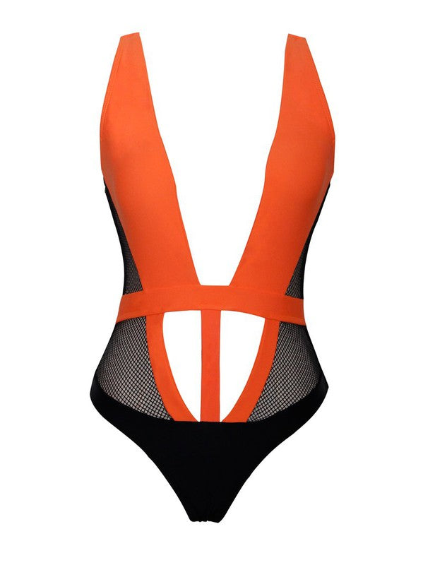 Ushant Orange Deep V One Piece Swimsuit